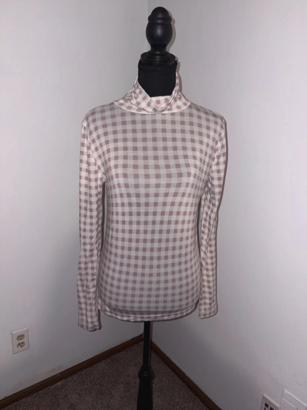 LOFT Light Pink Gingham Long Sleeve Mock Neck Top